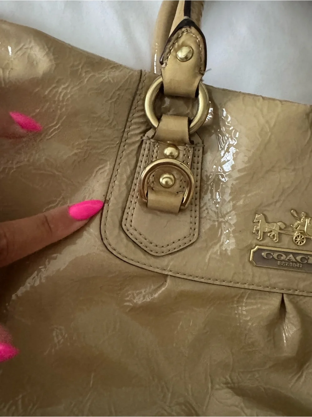 Coach Tan Patent Leather Tote with Gold Chain Strap